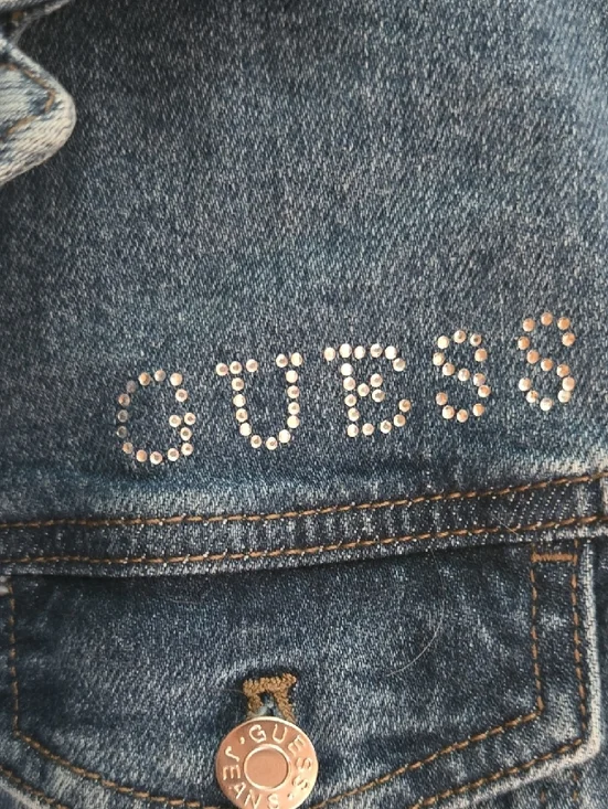 GUESS Distressed Blue Denim Jacket with Rhinestone Logo - Picture 3 of 5